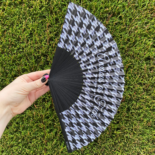 "Anxious as F*ck" Handheld Bamboo Fan with Houndtooth Pattern & Black Bamboo Spines