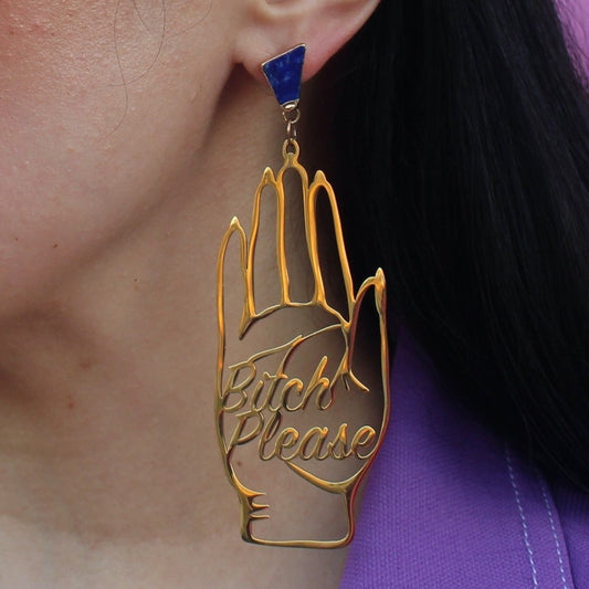 18K Gold Statement Earrings shaped as a hand and reading "Bitch Please" featuring Lapis Lazuli rough cut crystals