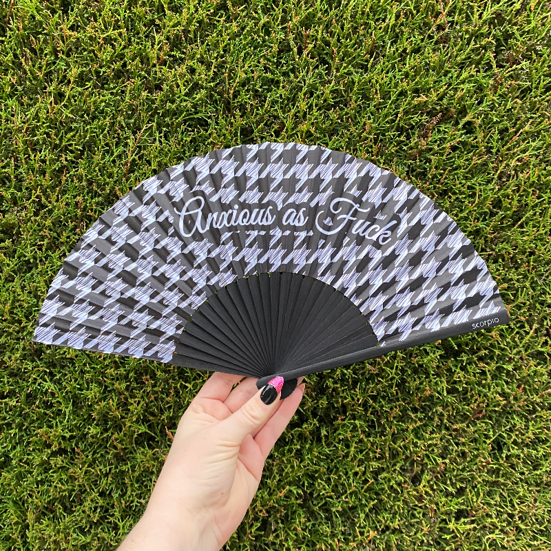 "Anxious as F*ck" Handheld Bamboo Fan with Houndtooth Pattern & Black Bamboo Spines