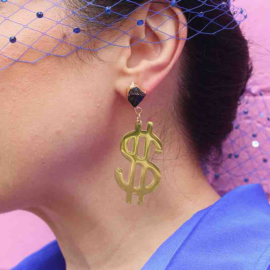 "Dollar Dollar Bill" 18K Gold Statement Earrings shaped as a dollar sign featuring Black Obsidian rough cut crystals