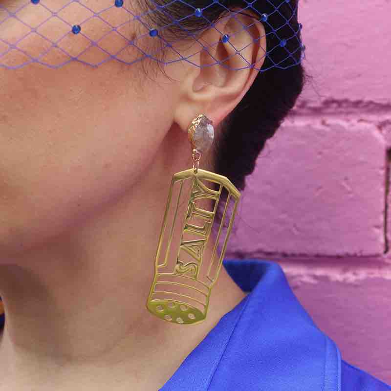 "Salty AF" 18K Gold Statement Earrings shaped as a Salt Shaker with text that reads Salty featuring Clear Quartz rough cut crystals